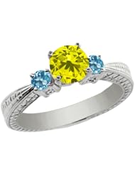 1.10 Ct Round Canary Diamond Swiss Blue Topaz 18K White Gold 3-Stone Ring