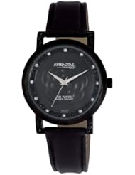 Q and Q Attractive ION-PLATED women Black Case with rhinestones black leather Band