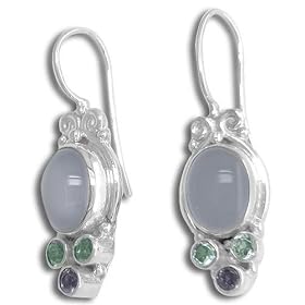 Sterling Silver African Blue Chalcedony, Apatite and Iolite Latchback Earrings by Sajen