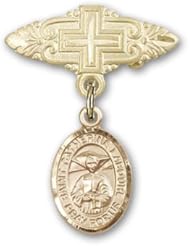 Gold Filled Baby Badge with St. Catherine Laboure Charm and Badge Pin with Cross