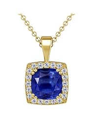 18K Yellow Gold Cushion Cut Blue Sapphire And Round Diamond Pendant