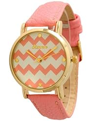 Womens Geneva Chevron Style Leather Watch - Coral