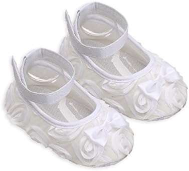 "Petals Collection" White Christening, Baptism, Dedication, Blessing Shoes for Baby Girl with White Rosette Flowers (Size 3)