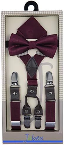 Jabeu Elastic ¾ Inch Skinny Fashion Suspenders Features Genuine Leather Tips, with Polyester Design Pocket Square and Pre-Tied Bow Tie Gift Set, Unisex. Men Boys Girls and Toddlers - Burgundy - Kids: 2Y - 8Y