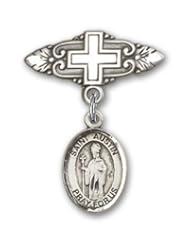 Sterling Silver Baby Badge with St. Austin Charm and Badge Pin with Cross
