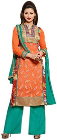 Rehsha Women's Classic Style Designer Churidar Salwar Suit Orange & Green