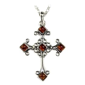 Sterling Silver and Honey Amber Gothic Cross Pendant, 18