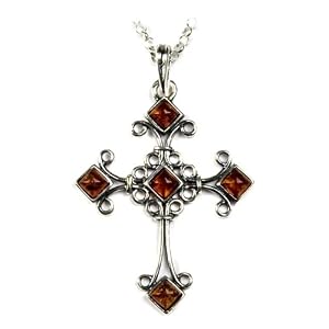 Sterling Silver and Honey Amber Gothic Cross Pendant, 18"