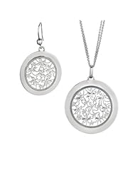 BRI Jewelry Sterling Silver Diamond Cut Flowered Set - 45mm Pendant on 17" Double Cable Chain and 35mm Earrings