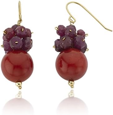 14k Yellow Gold Red Coral and Enhanced Ruby Color Gemstone Earrings (10-11mm)