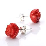 Candygem 925 Sterling Silver 10mm Red Rose Carved Coral Earrings