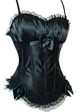 Sexy Black Satiny Ruffle Lace Corset & Gstring 2pc Set S - 2XL Sizes
