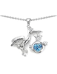 Original Star K (tm) New Baby Stork Mother Pendant with Heart Shape Blue Topaz in .925 Sterling Silver