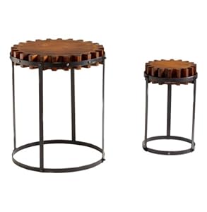 Set Of 2 Landry Rustic Reclaimed Wood Farmhouse Gear End Tables