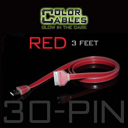 Color Cables: Apple 30 Pin Charge and Sync Data Cable (RED - 3FT) Glow in the Dark - 1M Long - Extra Tough - No Tangle - High-Speed - Premium 30 Pin to USB A Male Cable (LIFETIME WARRANTY)