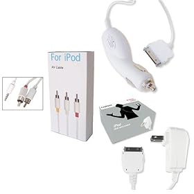 Click here to buy Apple iPod Charger 3 in 1 Bundled Kit - Home Travel Wall Charger - 12V Car Charger - AV... by Lux.