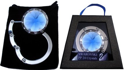 1 Silver & Blue with Swarovski Crystal FOLDING Purse Hook with Gift Box and Pouch