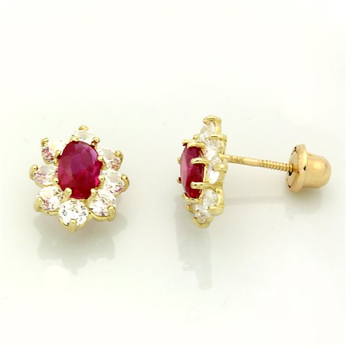 14K Yellow Gold Cluster Stud Earring With Ruby Color CZ Earring For Kids And Teens