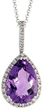 14k White Gold 16 Chain & 1 (25mm) tall Slider Pendant, w/ 0.18 Carat Round Top Light Brown Diamonds & 3.85 Carats Pear Cut Amethyst Stone