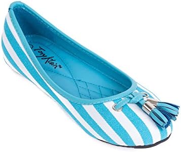 Women Ballerina Flats, Striped Canvas Shoes w/ Tassels, 10, Aqua