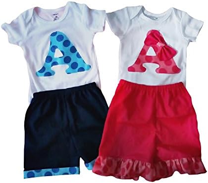 Initial Baby Shirts for Twins with shorts 3M Short Sleeve White/Blue/Red
