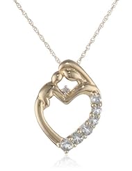 XPY 14k Yellow Gold Mother and Child Gemstone Heart Pendant Necklace with Diamond Accent, 18"