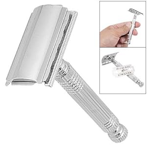 Silver Tone Double Edge Blade Razor Shaver w Nonslip Metal Handle