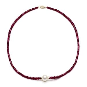 14k Yellow Gold 12-13mm Freshwater Cultured Pearl 4-5mm Red Ruby Gemstones Necklace 18