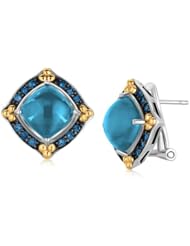 18K Yellow Gold and Sterling Silver Blue Topaz Earrings with Blue Sapphires