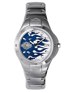 Harley Davidson Bulova Men's Flame Watch. Silver with blue flame dial. Stainless steel case and bracelet. 76B18