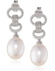Sterling Silver 9-9.5mm Freshwater Cultured Pearl and Diamond Drop Earrings, (0.05 cttw, G-H Color, I2-I3 Clarity)