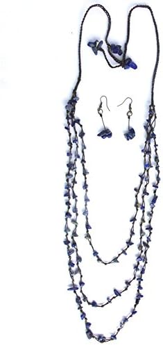 Thai Village Multi Strand Sodalite Rock Candy 36" Adjustable Macrame Necklace and Earrings Set with Mulberry Box (Sodalite)
