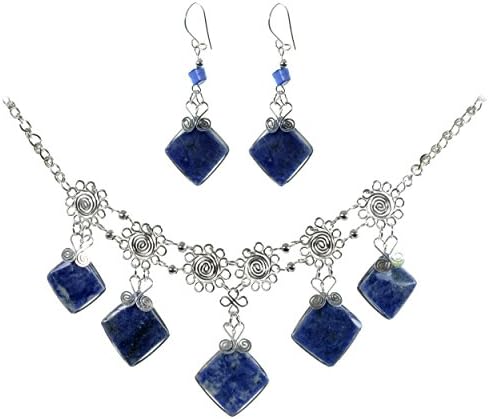 Stunning Peruvian Sodalite Semi-Precious 5-Stone Pendant Necklace Set with Matching Earrings