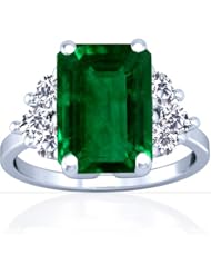 18K White Gold Emerald Cut Emerald Ring With Sidestones