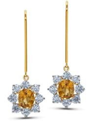 Diamond (0.64 Ct, IJ-SI), 18 Kt Yellow Gold Azalea Citrine Earrings