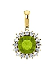 10K Yellow Gold 8.00x8.00mm Antique Cushion Cut Peridot and Diamond Pendant -- LIFETIME WARRANTY