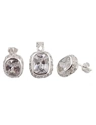 Ladies 925 Sterling Silver Cubic Zirconia Rectangle Shape with Center Stone Pendant with Matching Stud Earrings Jewelry Set