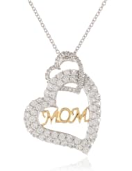 Sterling Silver Created White Sapphire with Diamond Heart Mom Pendant Necklace, 18"