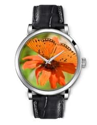 SPRAWL Aanalog Fashion Series Silver Ladies Watches of Genuine Black Leather Strap,Unique Wrist Watch for Women Girls Designed with Butterfly on an orange flower