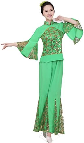 Chinese Yangko National Waist Drum and Fan Stage Dance Coustumes(Green M)