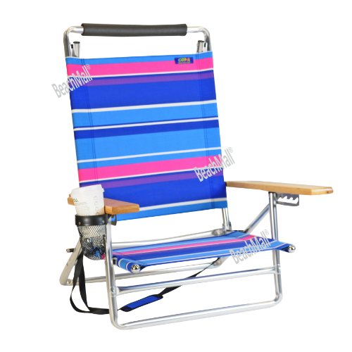 5 pos Lay Flat / Low Seat Aluminum Beach Chair w/ Cup Holder