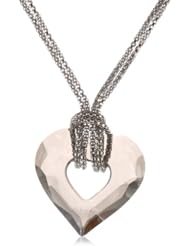 Sterling Silver Italian Rhodium Plated Smokey Swarovski Crystal Heart Necklace, 17.5"+2" Extender