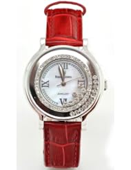 Royal Crown 3638 Womens Diamond Jewelry Waterproof Watch Red Round Dial Leather Band Watch