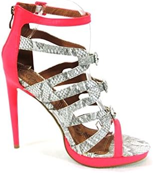 Red Kiss Neon Coral, Grey Snake Faux Leather Strappy High Heel Sandal Size 10m