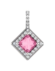 14K White Gold 5.00x5.00mm Princess Cut Pink Sapphire and Diamond Pendant