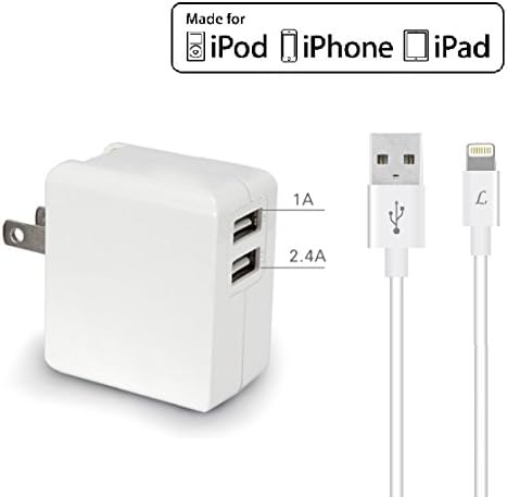 2.4A USB Fast Wall Charger Travel Charging with 1M MFi Certified Lightning Cable Cord for iPhone 7, 7 Plus, 6S, 6, Plus, 5, SE, iPad, Pro, iPod and iOS Devices (Charger Pack-White)
