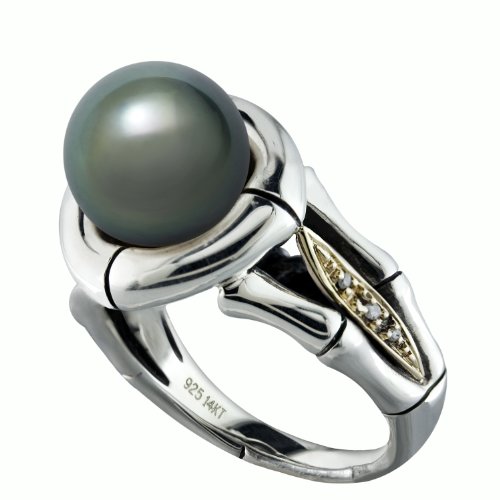14K Yellow Gold and .925 Sterling Silver Tahitian Black Pearl and Diamond Ring TR-10053A-AM