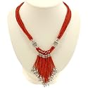 Handmade Red Serpentine & White Pearl Necklace With Antiqued Silver Beads