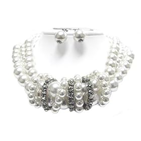 Crystal and Multi Row Pearl Beads Necklace and Earrings Set Fashion Jewelry