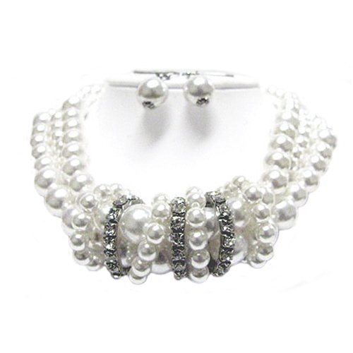 Crystal and Multi Row Pearl Beads Necklace and Earrings Set Fashion Jewelry